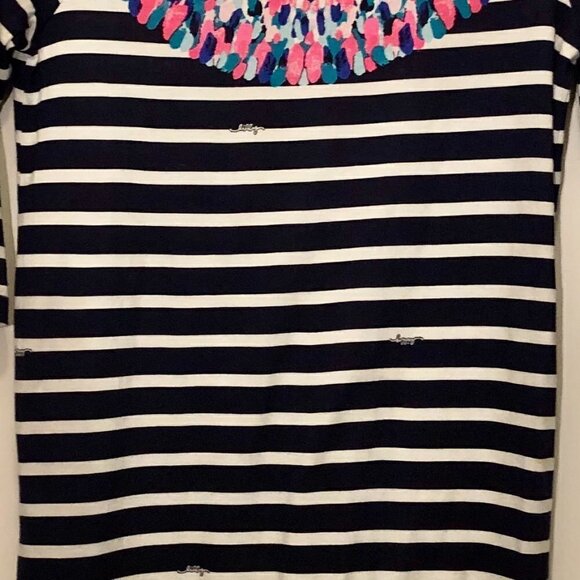 Navy Stripe “Bay” Long Sleeve Dress in “Tropical Island Medallion” Girls Size XL - Picture 5 of 8